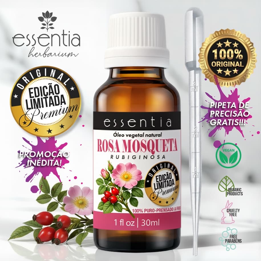 Óleo de Rosa Mosqueta Puro 100% – Clareia Manchas, Cicatrizes, Estrias e Rejuvenesce a Pele
