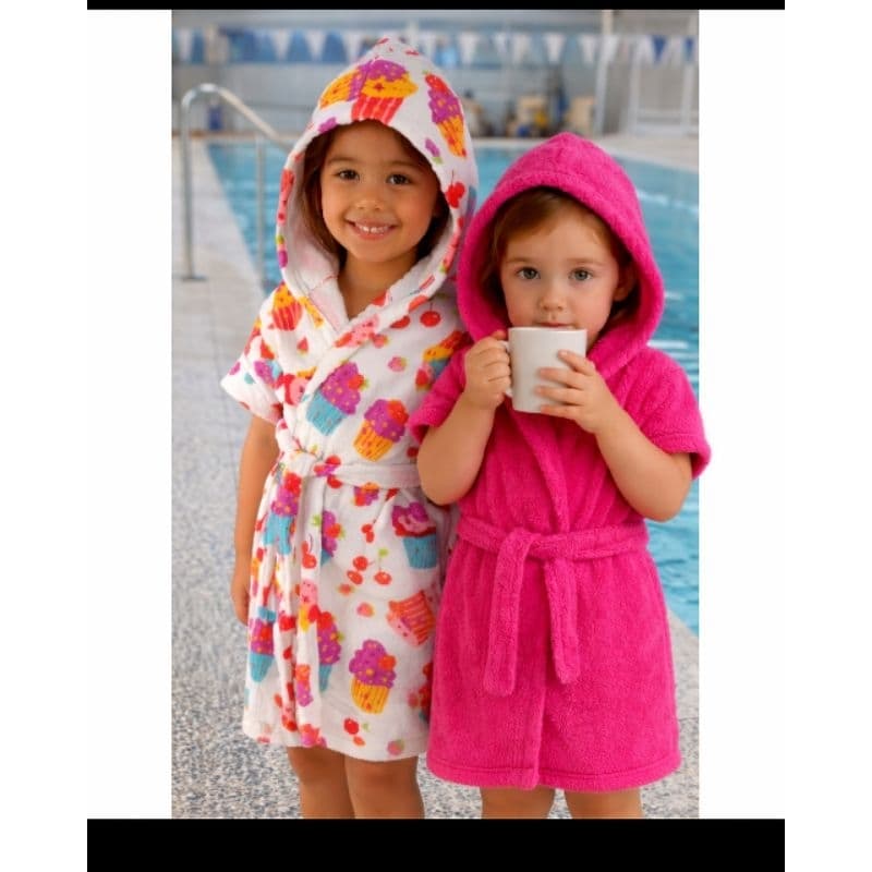 Roupão de Banho Infantil Atoalhado com Capuz e Manga curta Piscina, Praia baby a 14 anos