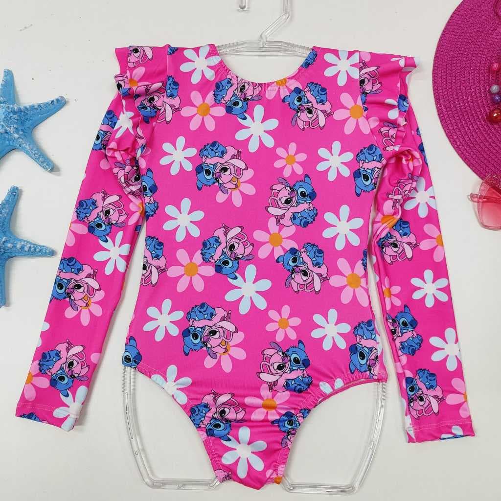 Maiô Manga Longa Infantil Menina Babado Ombro Luxo Moda Praia Juvenil 2 a 10 Anos