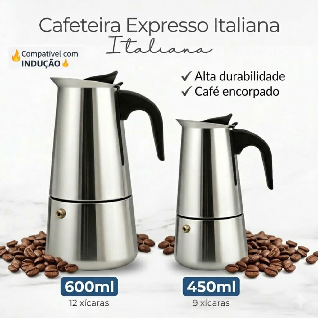 Cafeteira Italiana Inox Indução Moka 450ml/600ml Café Expresso 9 e 12 Xícaras Fogão a Gás