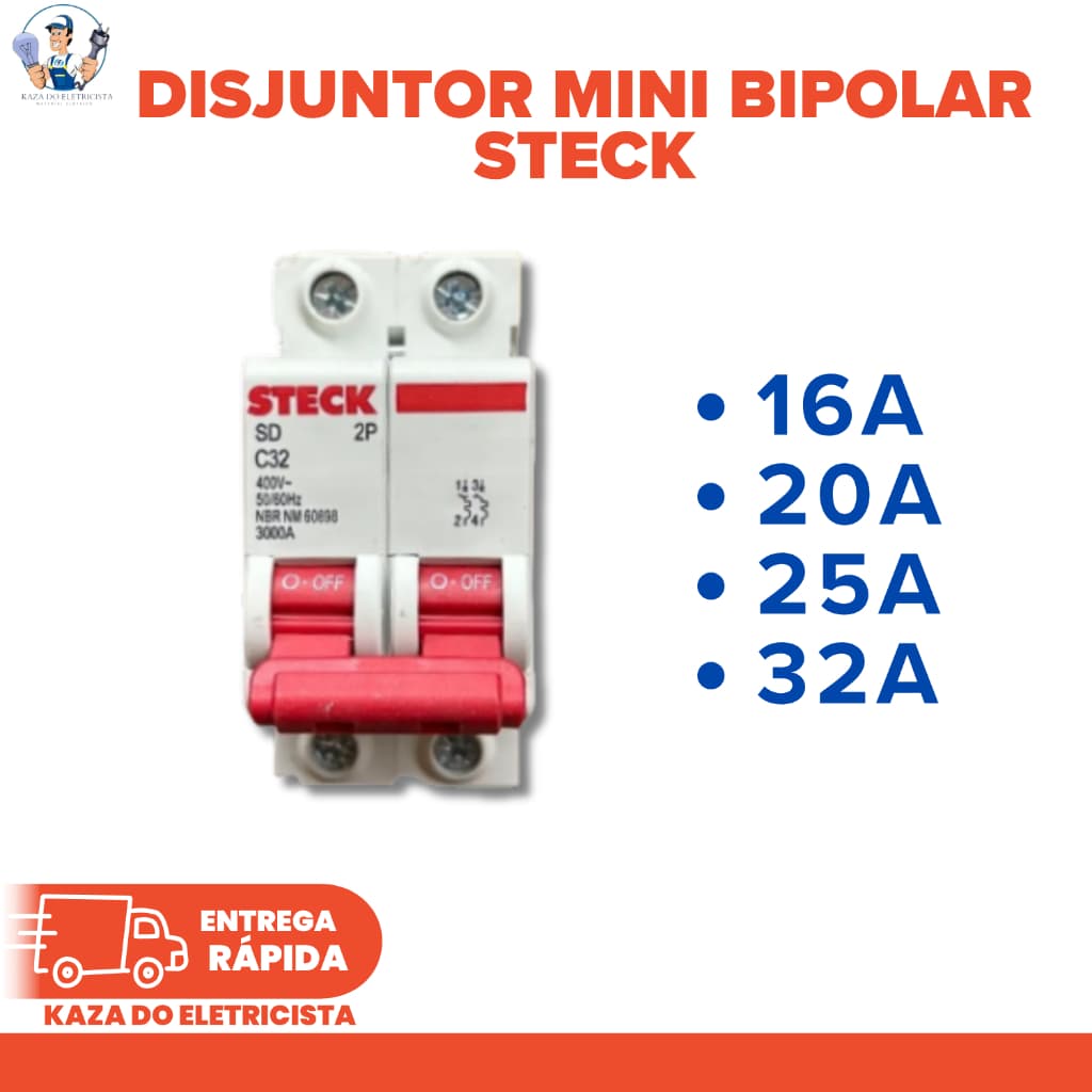 Disjuntor Bipolar Steck Curva C 16A 20A 25A 32A Din Proteção Elétrica *Kit 1/ 2 / 4 Un