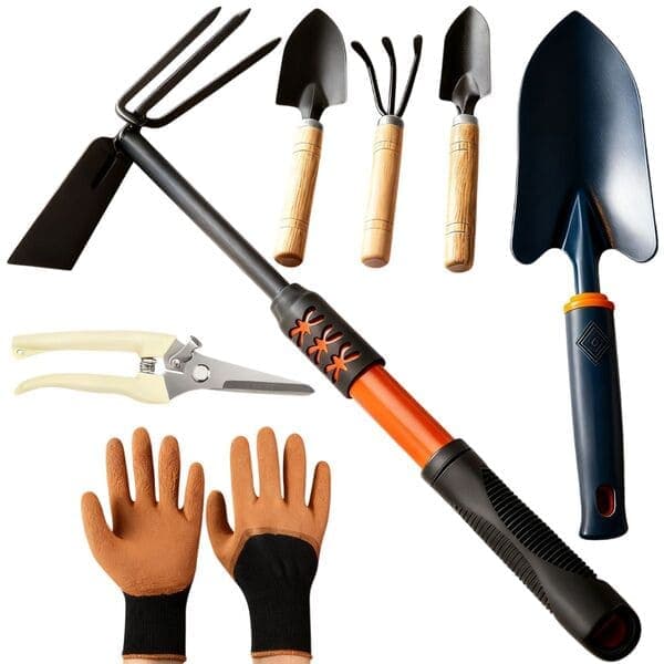 Kit 7 Peças Para Jardinagem Completo Enxadinha Grande, Par de Luvas, Pá Larga, Alicate Tesoura de Poda, Rastelo Kit Vaso