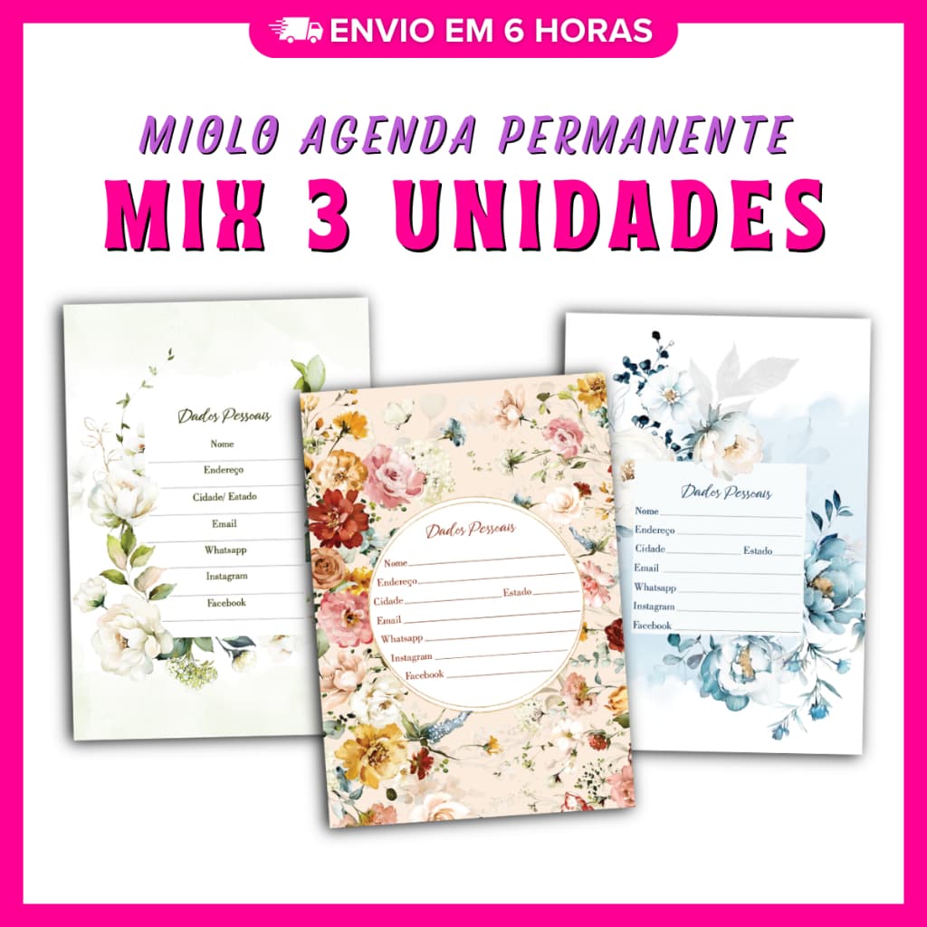 Kit 3 Miolos Agenda Permanente A5 Floral | Refil para Encadernação | Não Datada | Ideal para Artesãs