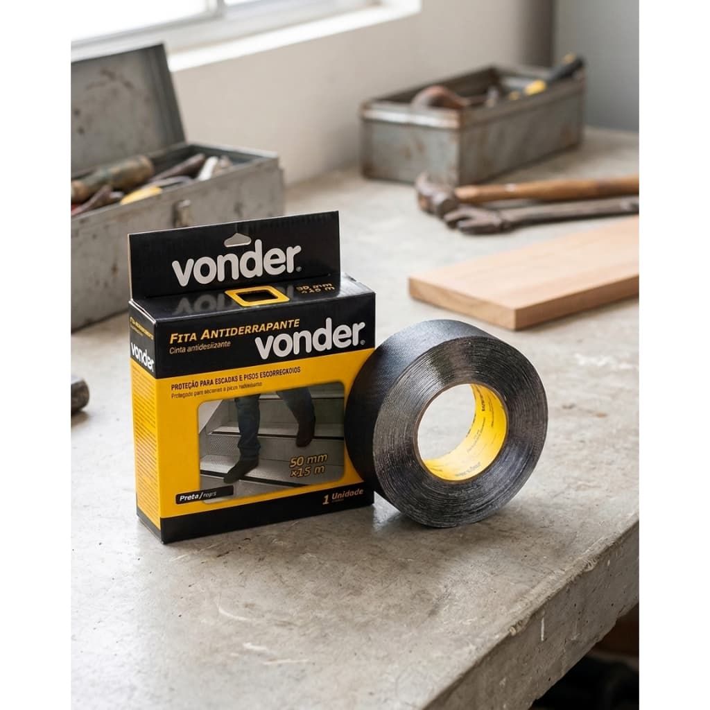 Fita Antiderrapante 50mm x 5m Lixa Área Preta Auto Adesiva Vonder 5 Metros Colante Cortelux