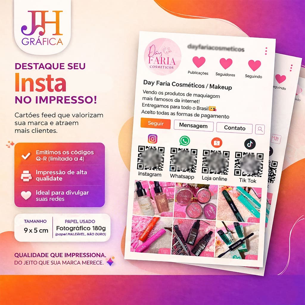 Cartão de visitas estilo feed Insta personalizado Somente frente I Tam 9x5cm I Papel fotográfico 180g
