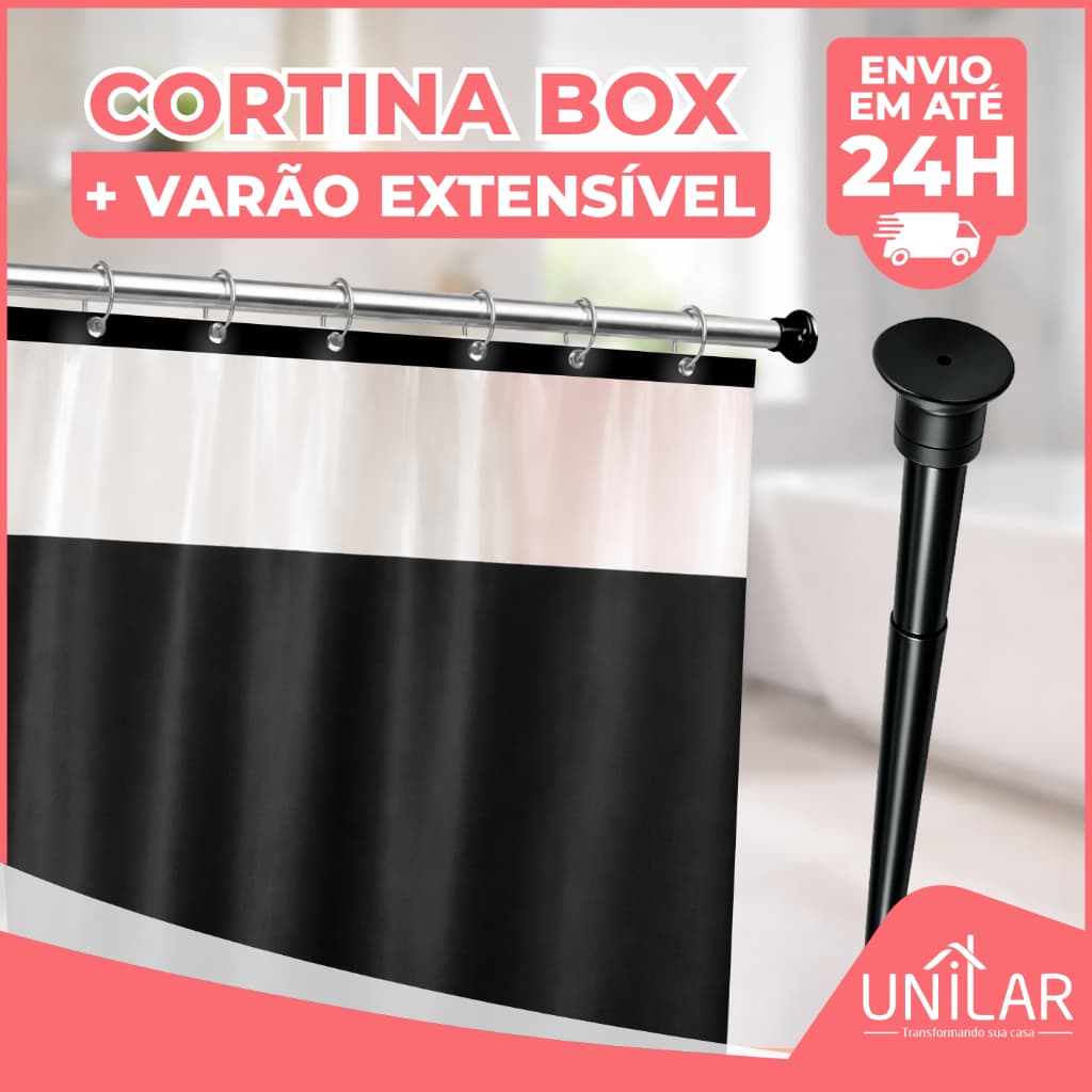 Cortina Box Para Banheiro Anti Mofo Com Ganchos + Varão Extensível Ajustável VÁRIAS CORES