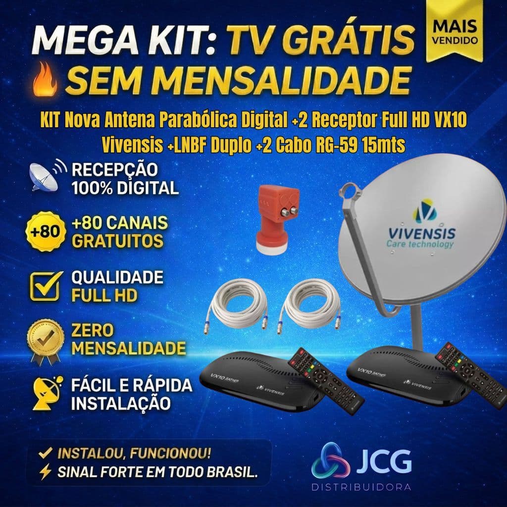 KIT Nova Antena Parabólica Digital +2 Receptor Full HD VX10 Vivensis +LNBF Duplo +2 Cabo RG-59 15mts