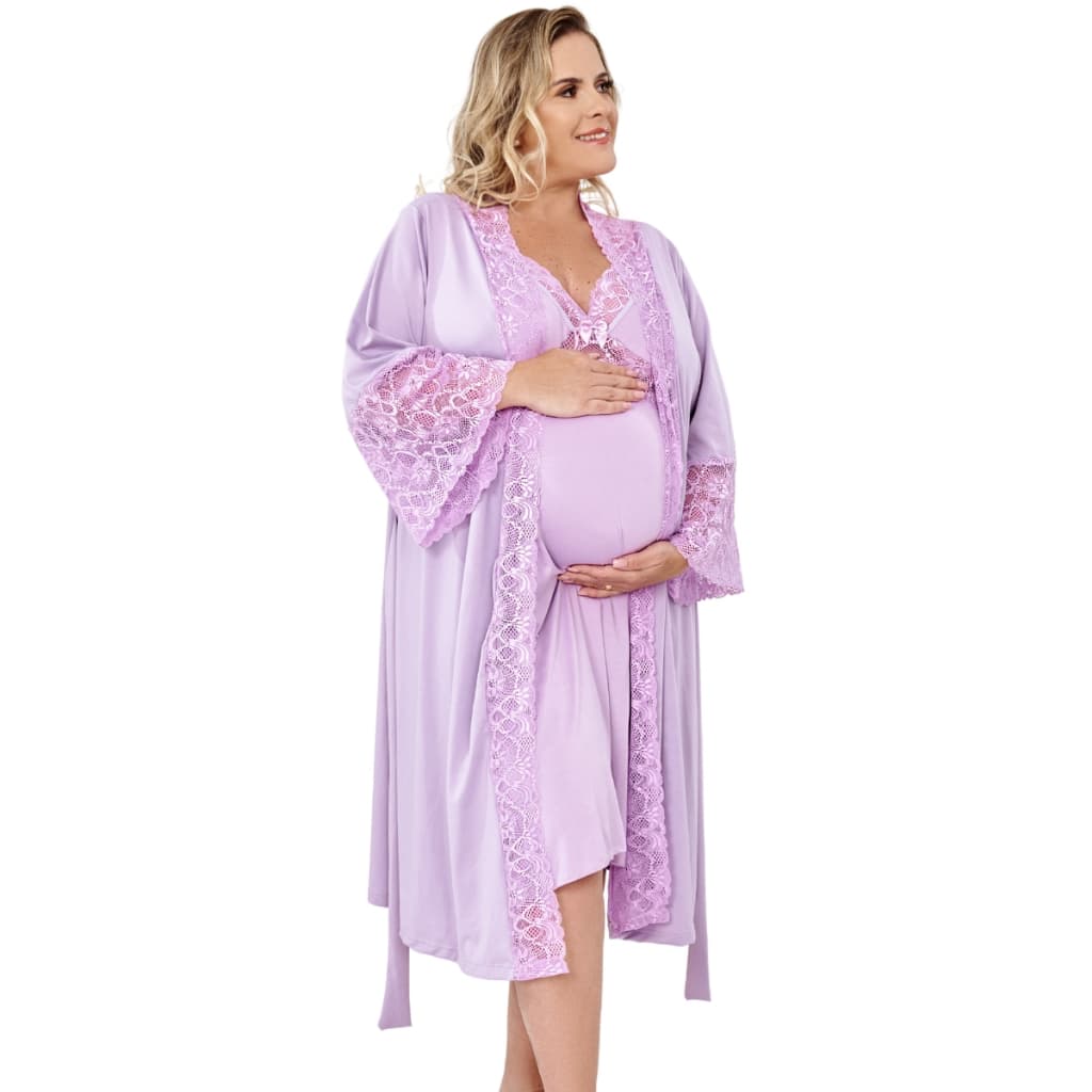 kit Plus Size Camisola Amamentação e Robe luxo Renda