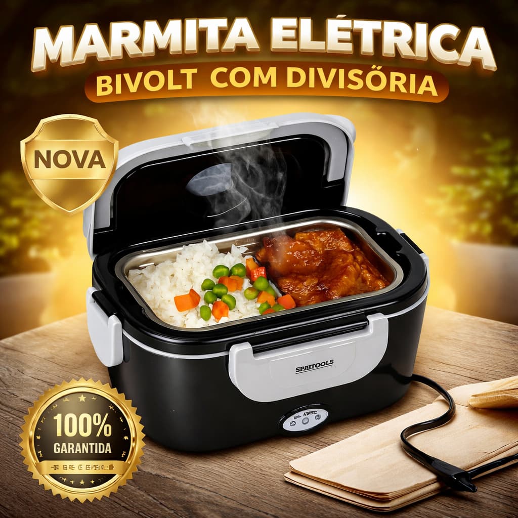 Marmita Elétrica Bivolt com divisoria Esquenta rápido Refeições
