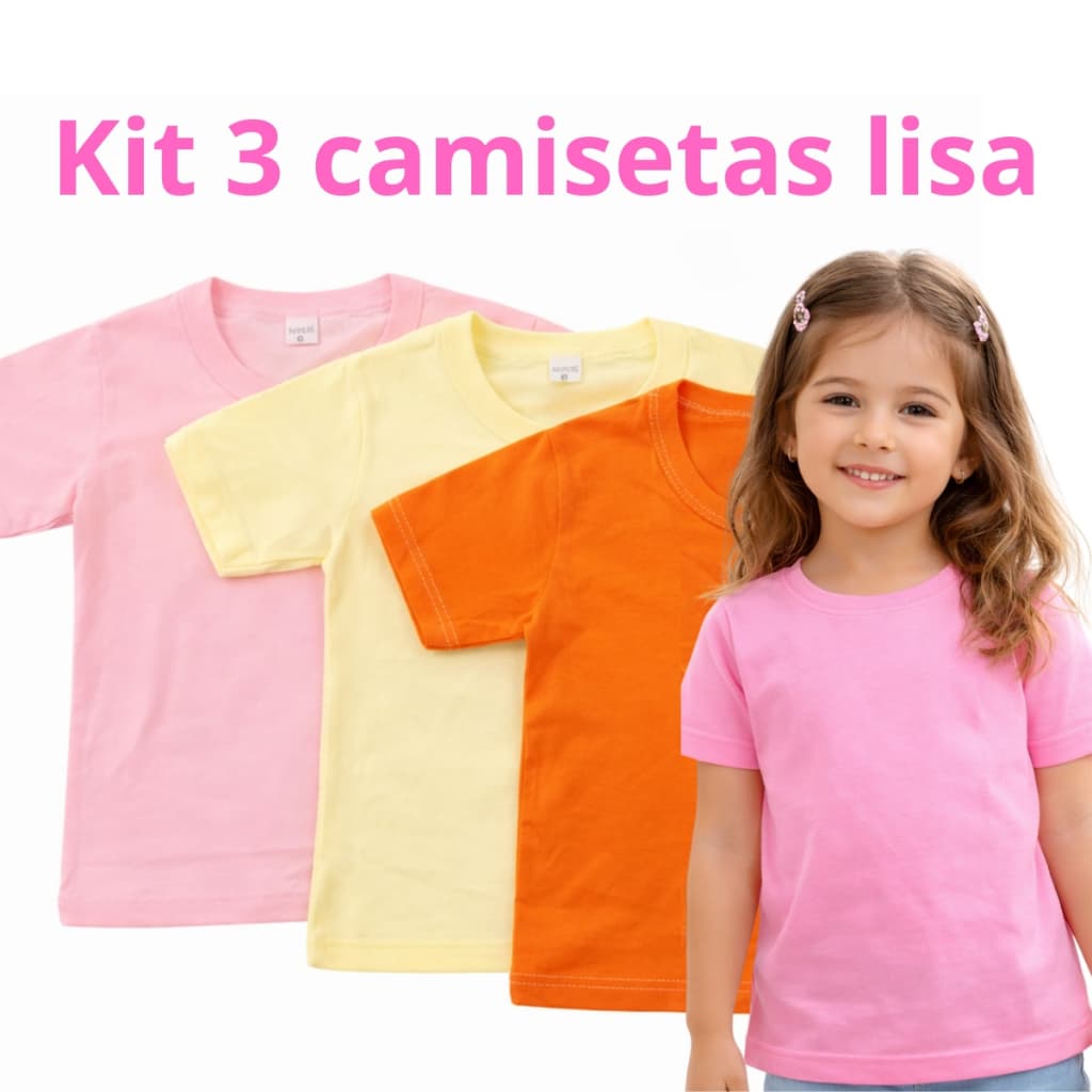 Kit 3 Camisetas infantis de menina Algodão Em Cores Lisas - Camisetas de menina sortido