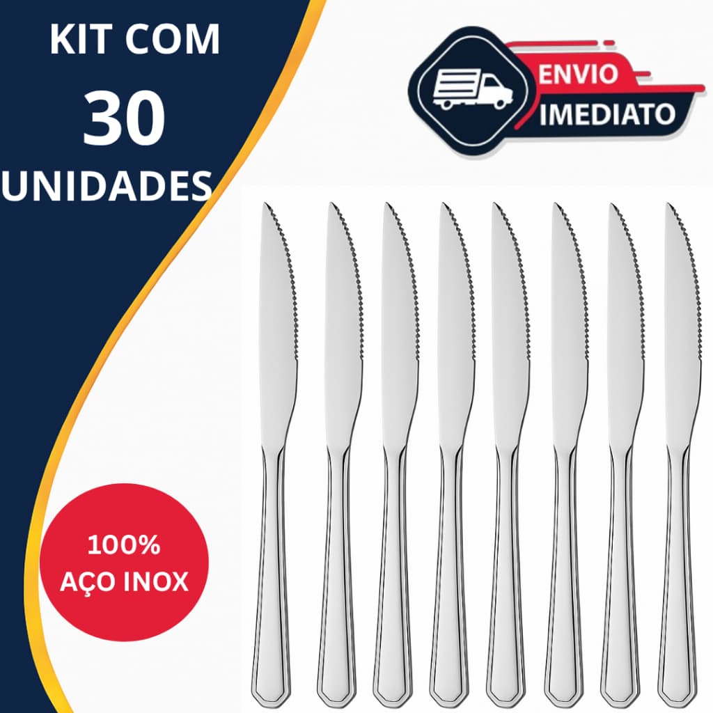 Kit 30 Facas de Mesa em Aço Inox para Refeições Restaurante Cozinhas e Bares com corte