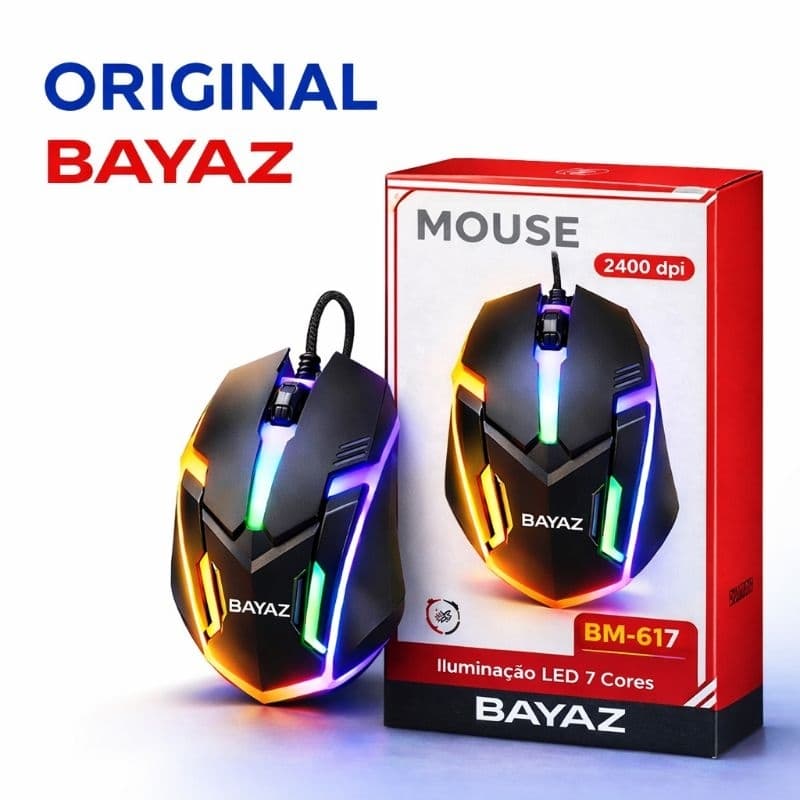 Mouse Gamer LED Com Fio USB 3 Botões ORIGINAL BAYAZ  2400 DPI Pc, Notebook, Celular ,Jogos