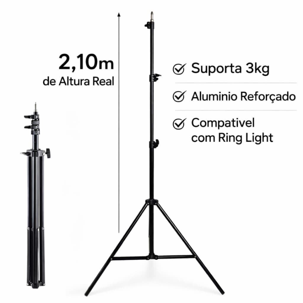 Tripé Universal Ajustável 2,10m Alumínio Reforçado Suporta 3kg para Ring Light e Câmera Celular