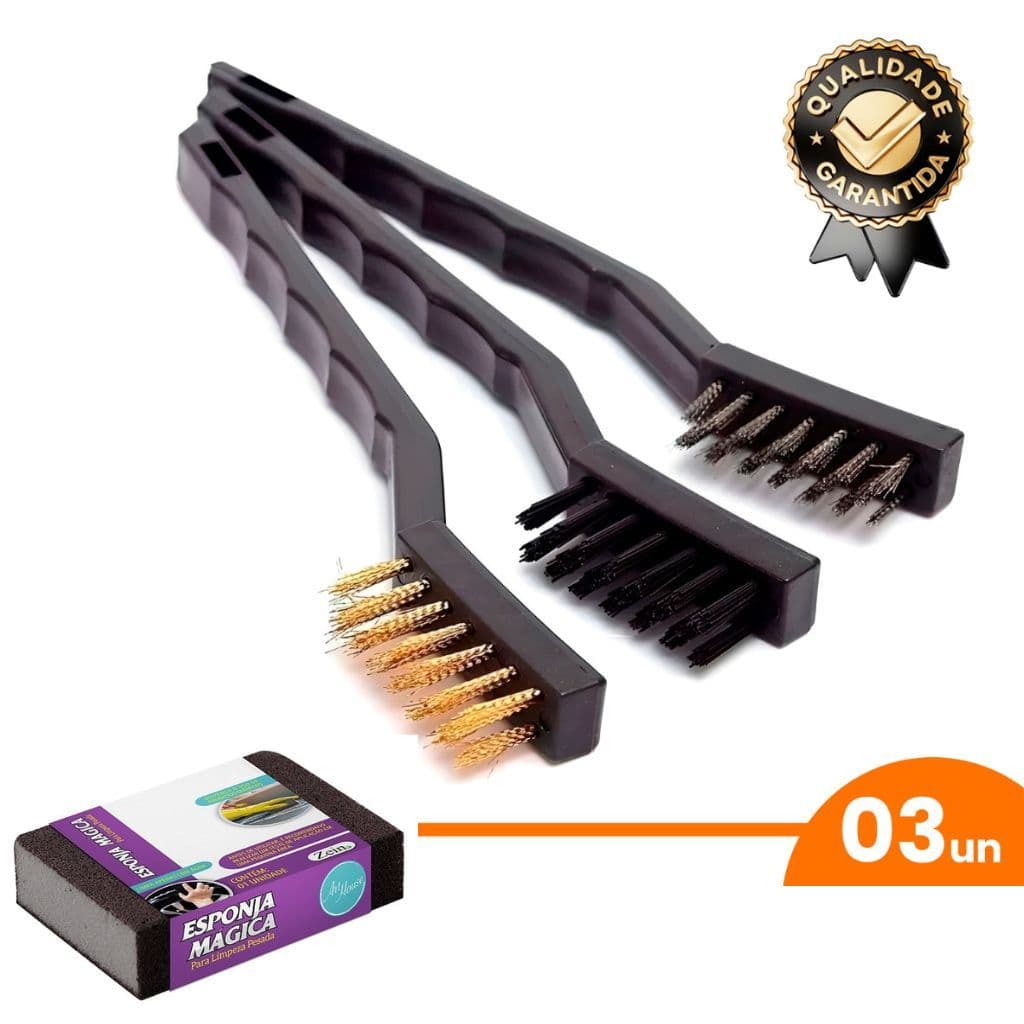 Kit 3 Escovas de Aço Com Esponja Mágica Limpeza Pesada Potente Remove Sujeira Difícil