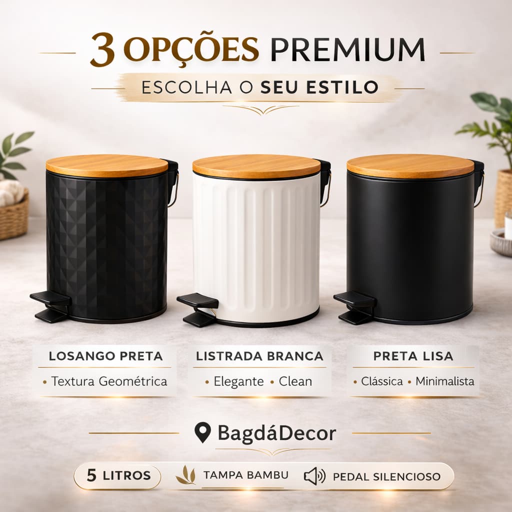 ✅ Lixeira com Pedal 5L Tampa Bambu | Estrutura em Ferro | Design Moderno p/ Banheiro e Cozinha🔝