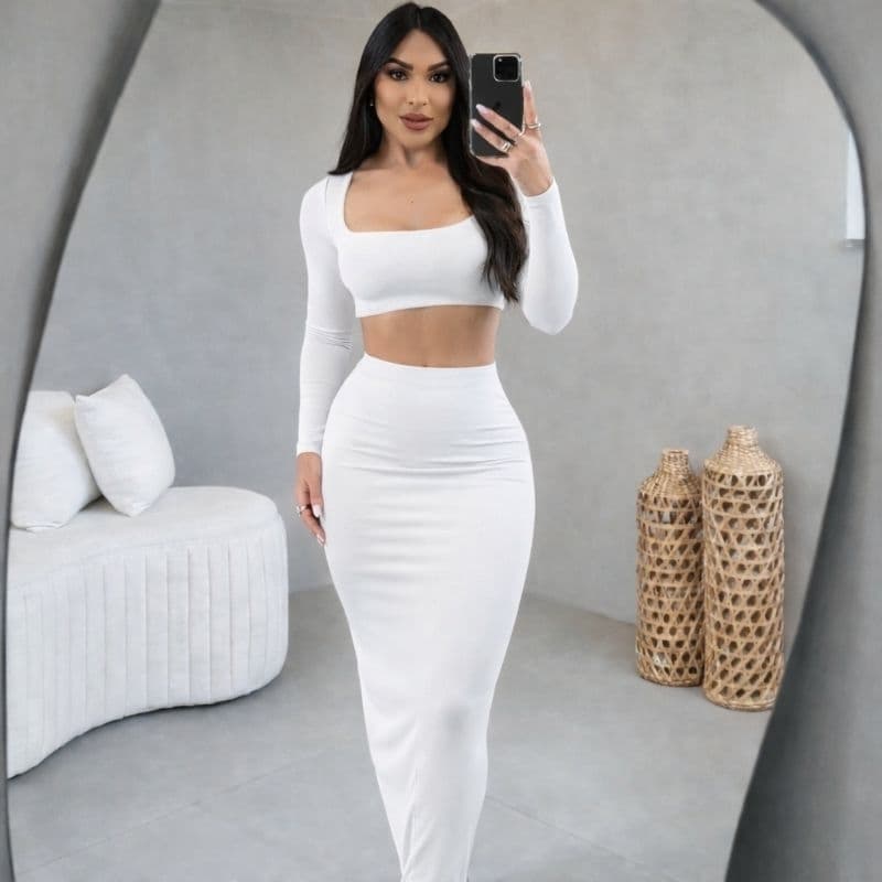 Conjunto Saia e Blusa Cropped Feminina Manga Longa Inverno Decote Quadrado - Tecido Suplex Confortável, Tamanho Único