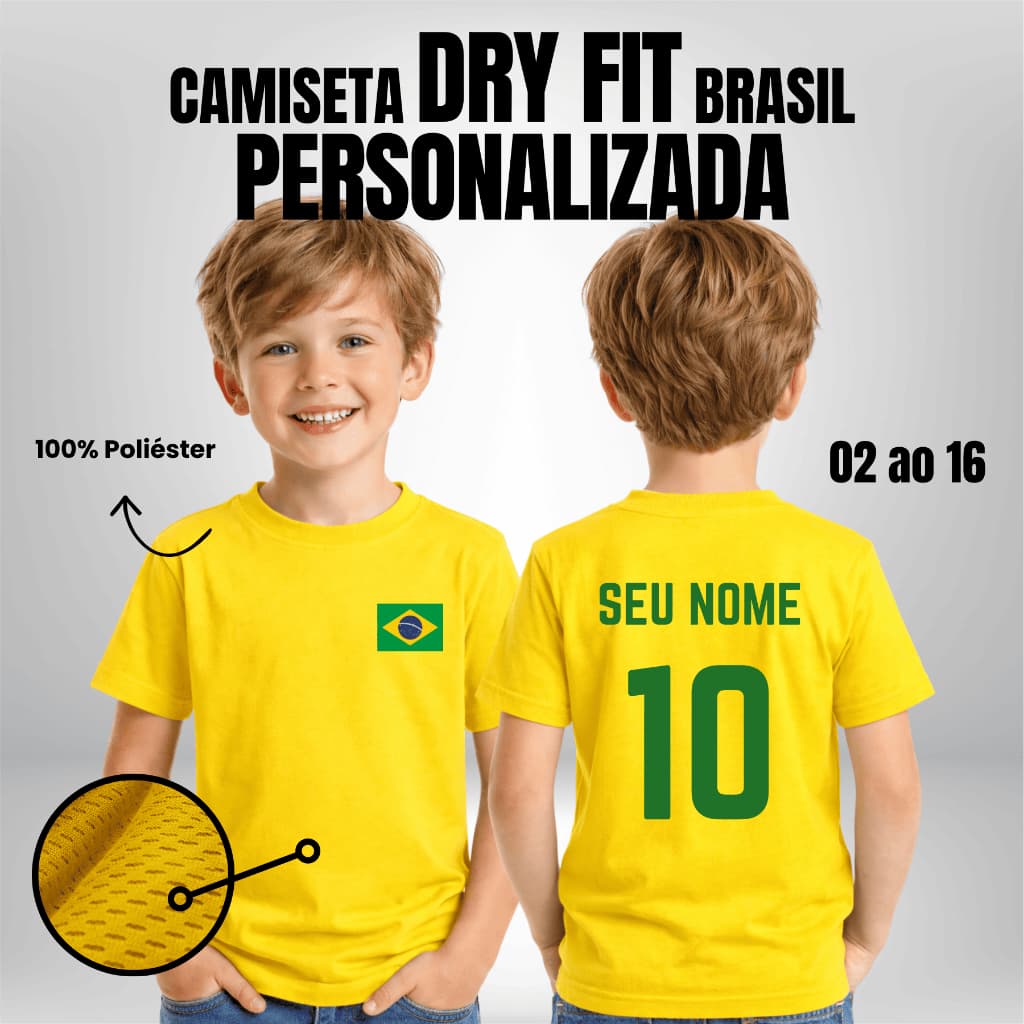 Camiseta Brasil Infantil Poliéster Personalizada Torcedor Brasileiro