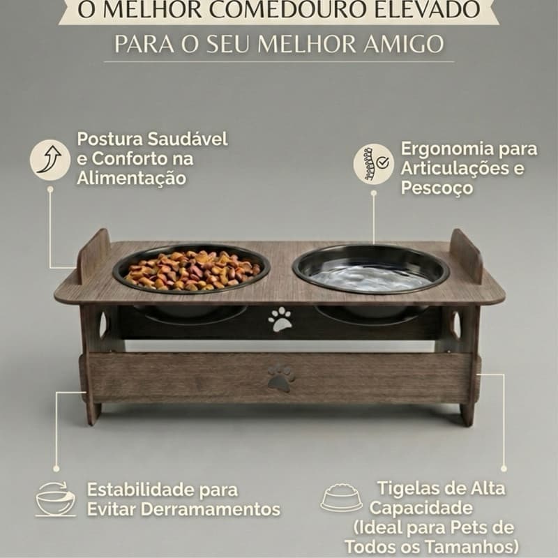 Comedouro Pet Elevado Madeira Luxo Bebedouro Ergonômico Anti-Formiga Gatos Cães