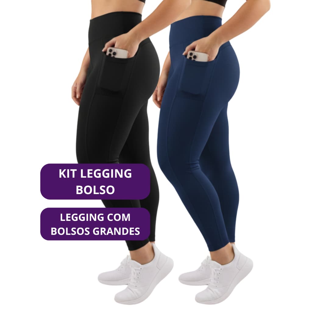 Kit 2 Calça Legging Fitness Feminina com Bolso Lateral Cós Alto Suplex Academia Treino Zero Transparência Grossa