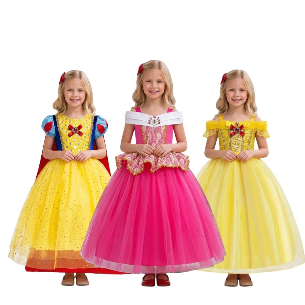 Fantasia de Princesa Menina Luxuoso Vestido Longo com Kit Acessórios Luvas Coroa Varinha
