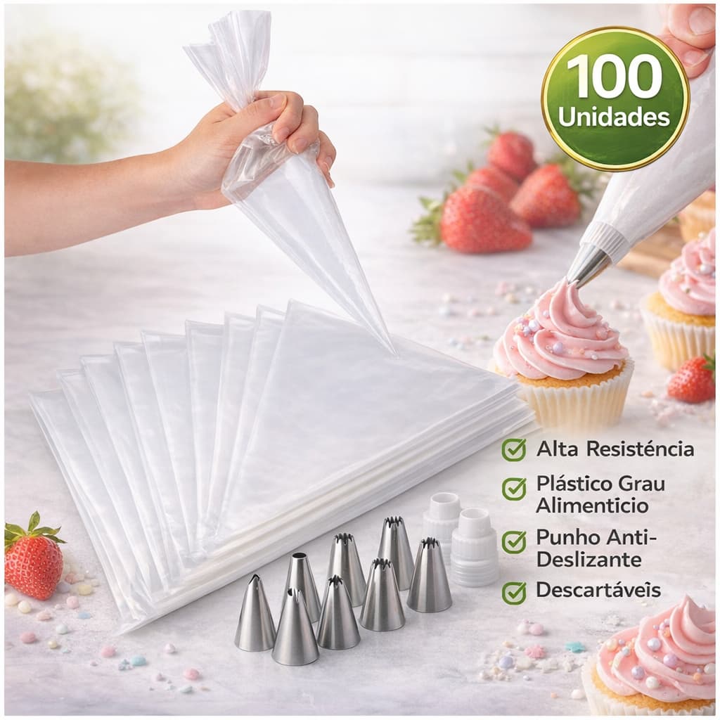 Saco De Confeitar com Bico Kits com 100 Unidades Médio Confeitaria Bolo Doce Cupcake