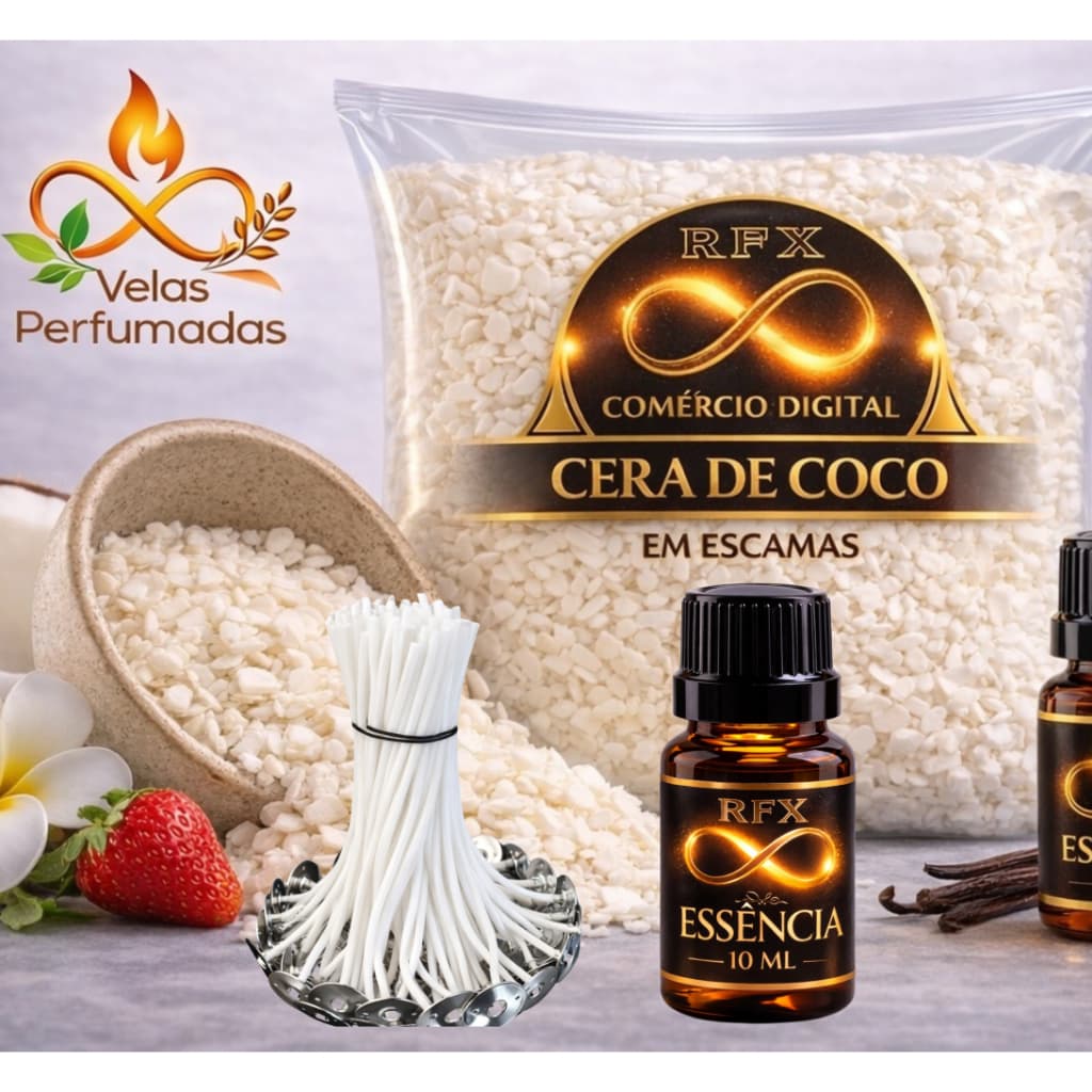 Kit para Velas Artesanais l Cera de coco em escama + pavio + essência concentrada 10 ml