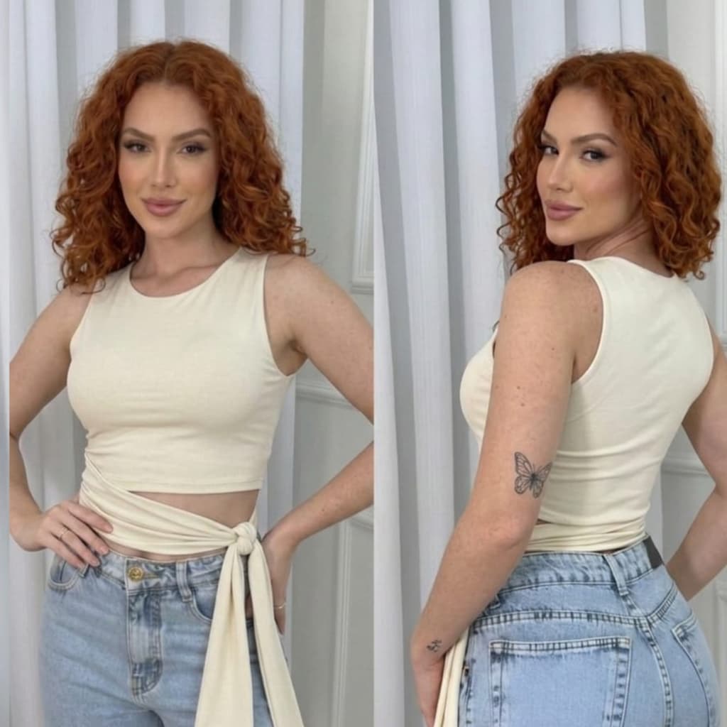 Blusa Cropped Feminino Suplex Forro Duplo Laço Lateral Com Amarração Moda Gringa  Sem manga Fitnes Lançamento
