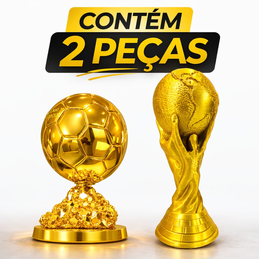 Kit Taça Copa do Mundo 18cm + Troféu Bola de Ouro 12cm Dourado Decoração Futebol