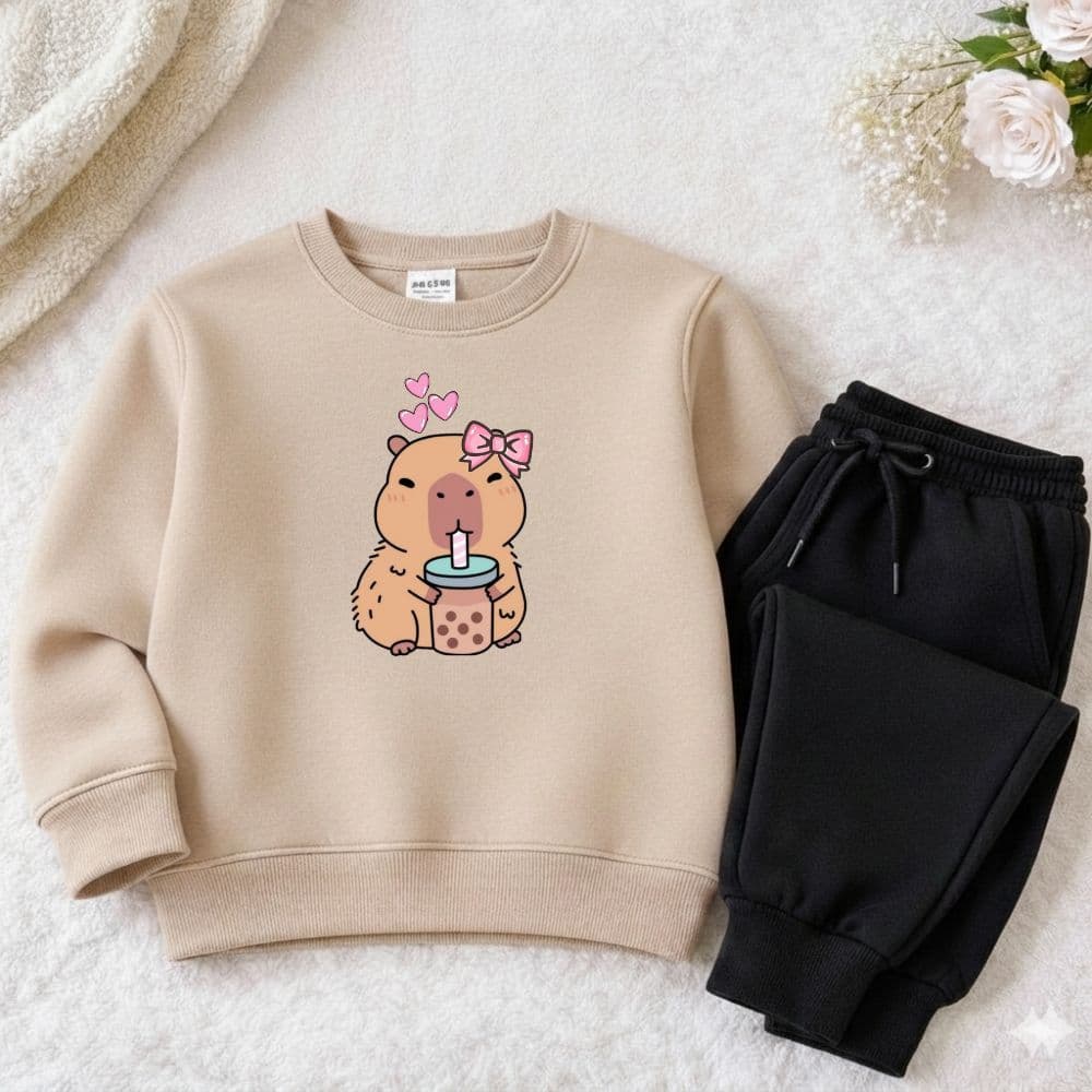 Conjunto moletom infantil e juvenil capivara blusa gola careca e calça moletom premium