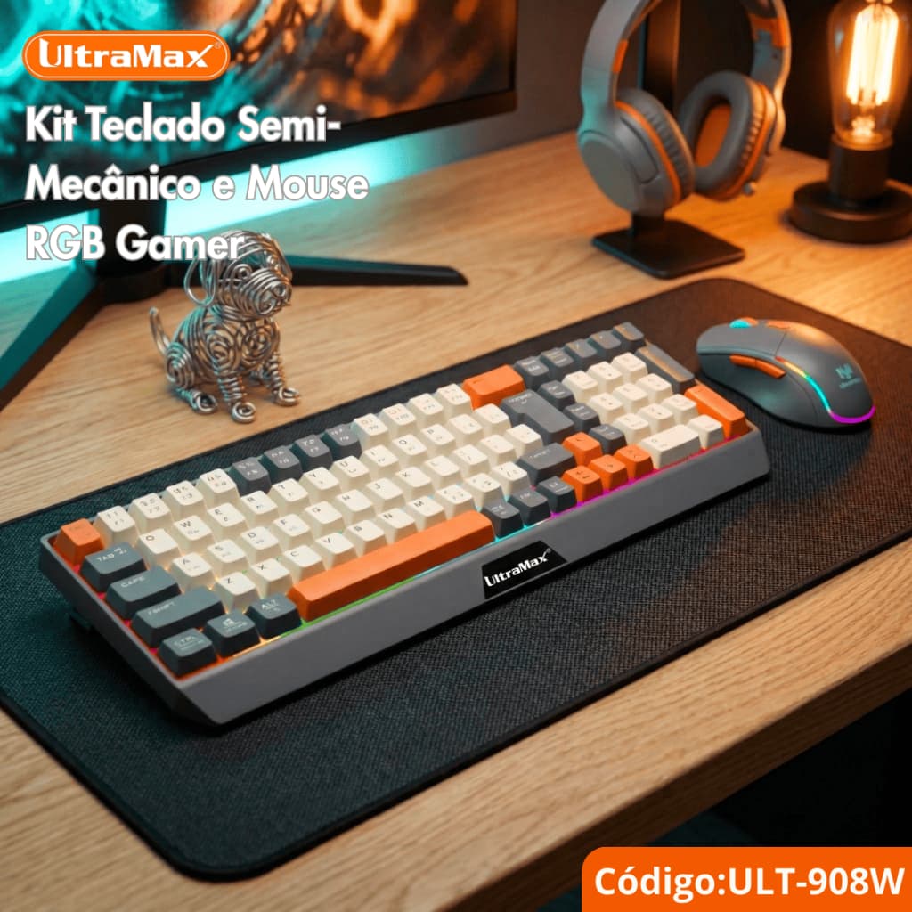Kit Teclado e Mouse Sem Fio Gamer UltraMax ULT-908W Bluetooth + 2.4GHz RGB Recarregável ABNT2.