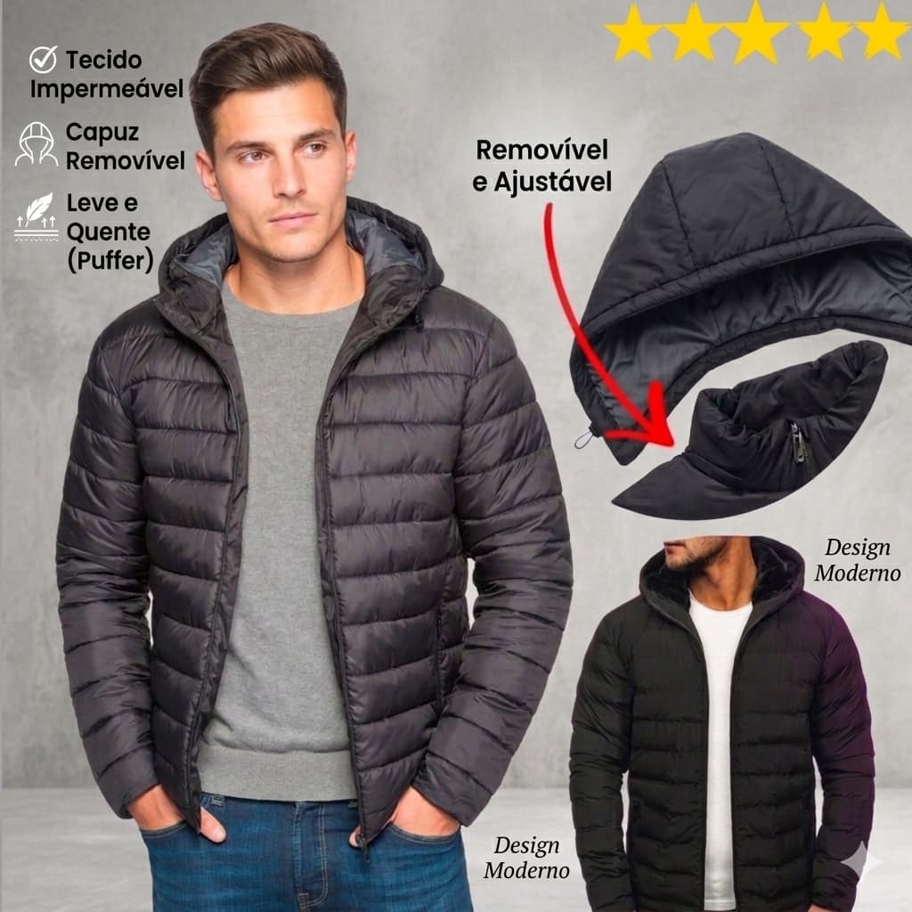 Jaqueta Bobojaco Impermeável Nylon Puffer Masculino com Bolsos e Capuz