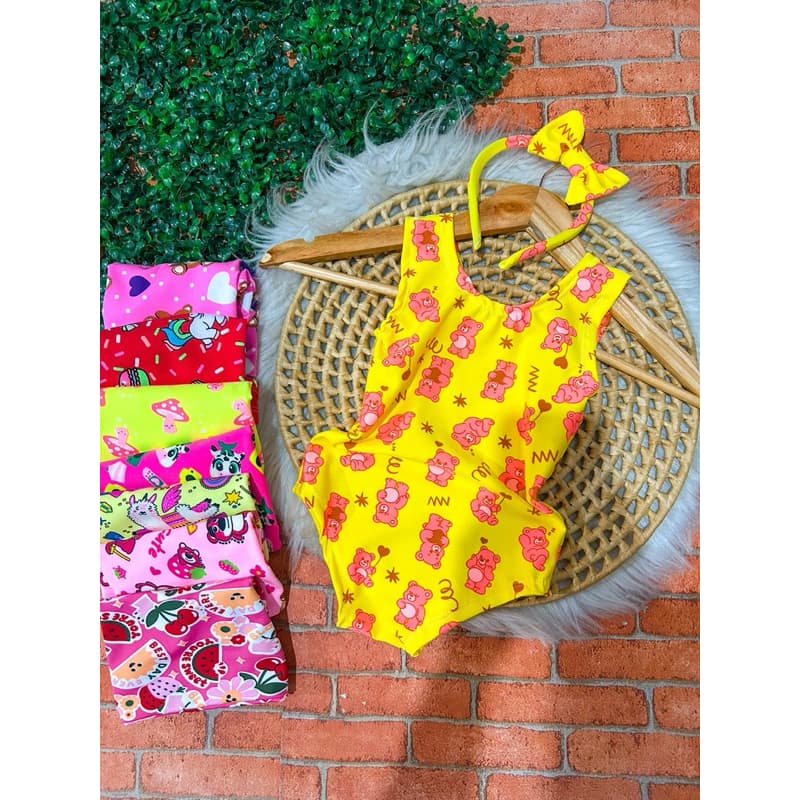 01 ou 02 kits| Bory + tiara maiô biquini infantil menina estampado suplex 09 meses até 10 anos