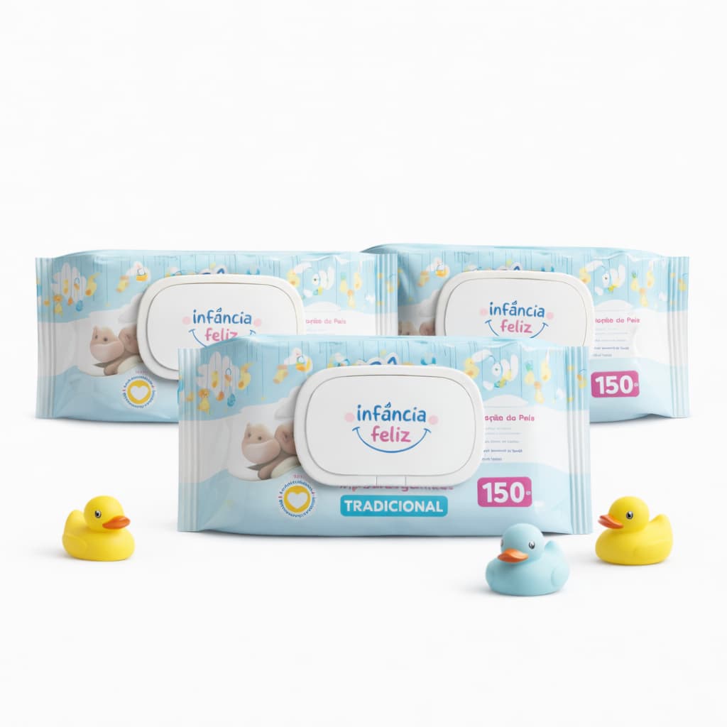Kit 3 Pacotes Toalhas Umedecidas Infância Feliz 150 Folhas com tampa