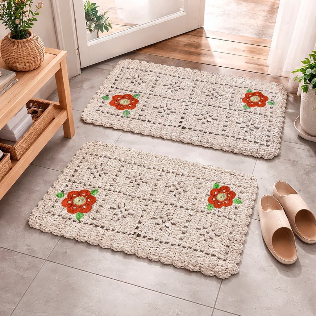 Kit 2 Tapetes Capacho Aranha Bordado 65cm x40 cm 99% Algodão 1% Polipropileno Artesanal Decorativo Lavável Entrada