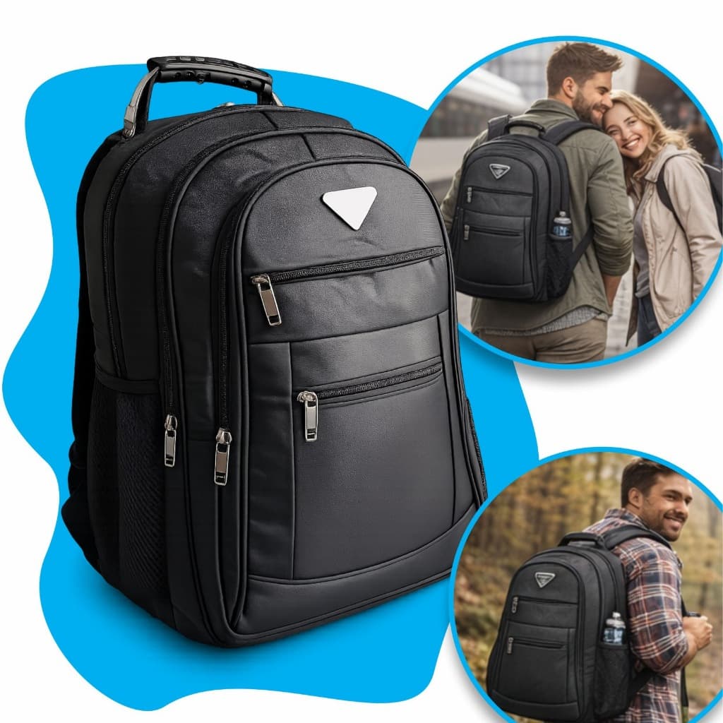 Mochila Notebook 17 Resistente Impermeável á Chuva Feminina Masculina Viagem Trabalho Faculdade Tamanho Grande Cor Preto