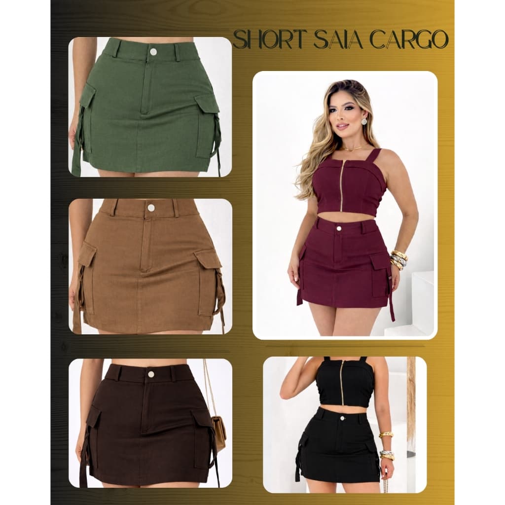 SHORT SAIA CARGO FEMININO LINHO PREMIUN CINTURA ALTA ELEGANTE ESTILOSA MODA OUTONO/VERAO