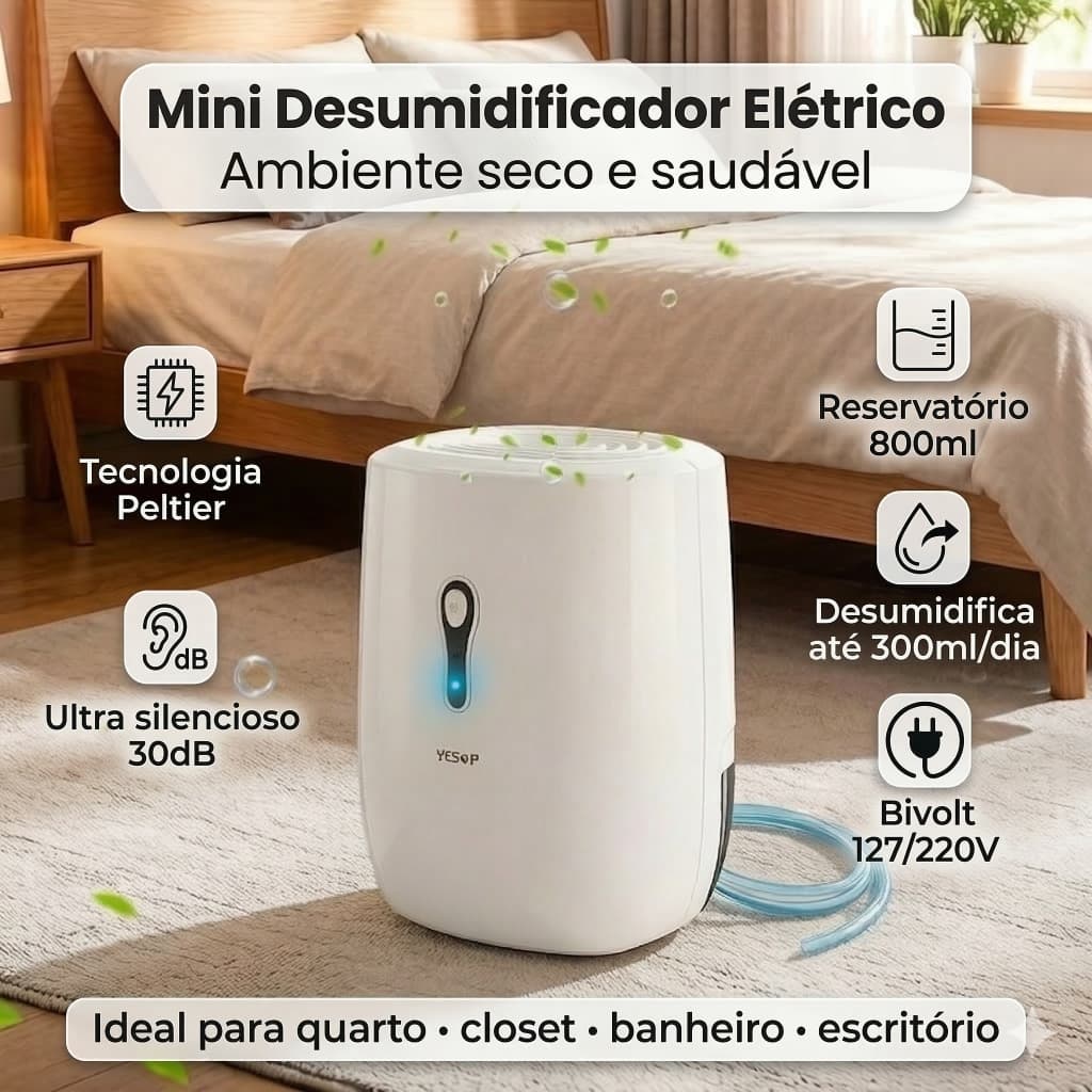 Desumidificador Portátil 800ml Silencioso 127-220v Remove Mofo e Umidade para Quarto, Banheiro e Guarda-Roupa Yesop