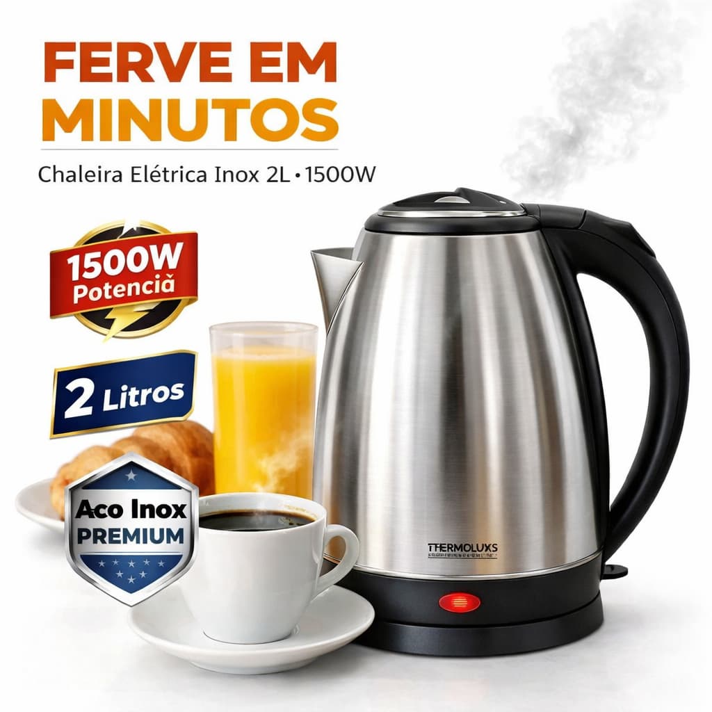 Chaleira Elétrica 2L 1500W Inox 220V Ferve Rápido Ideal Café Chá Cozinha Moderna Alta Potência