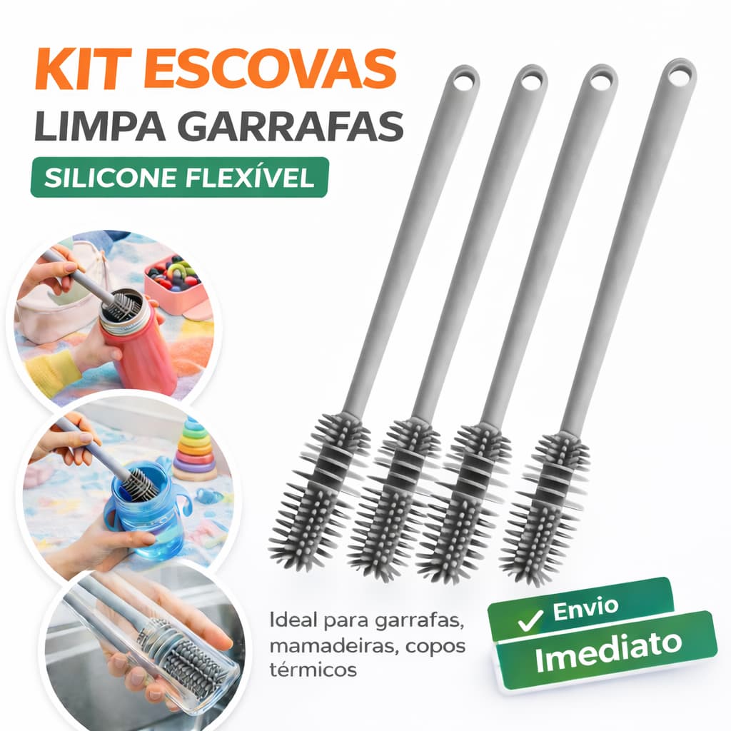 Escova Limpa Garrafa, Copo, e Mamadeira Silicone 27,5 cm – Limpeza Sem Esforço
