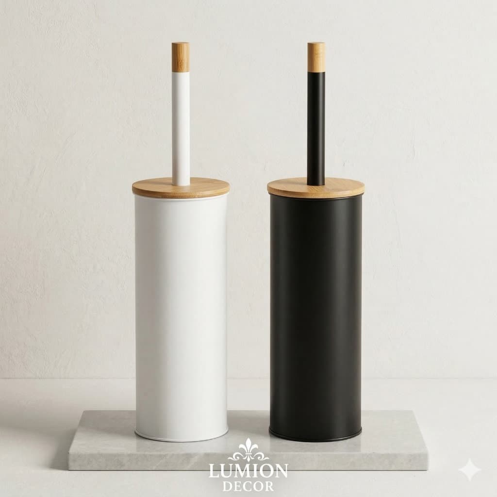 Escova Sanitária Luxo Moderna Com Suporte Tampa Bambu Cabo Bambu Metal Limpeza Vaso Banheiro