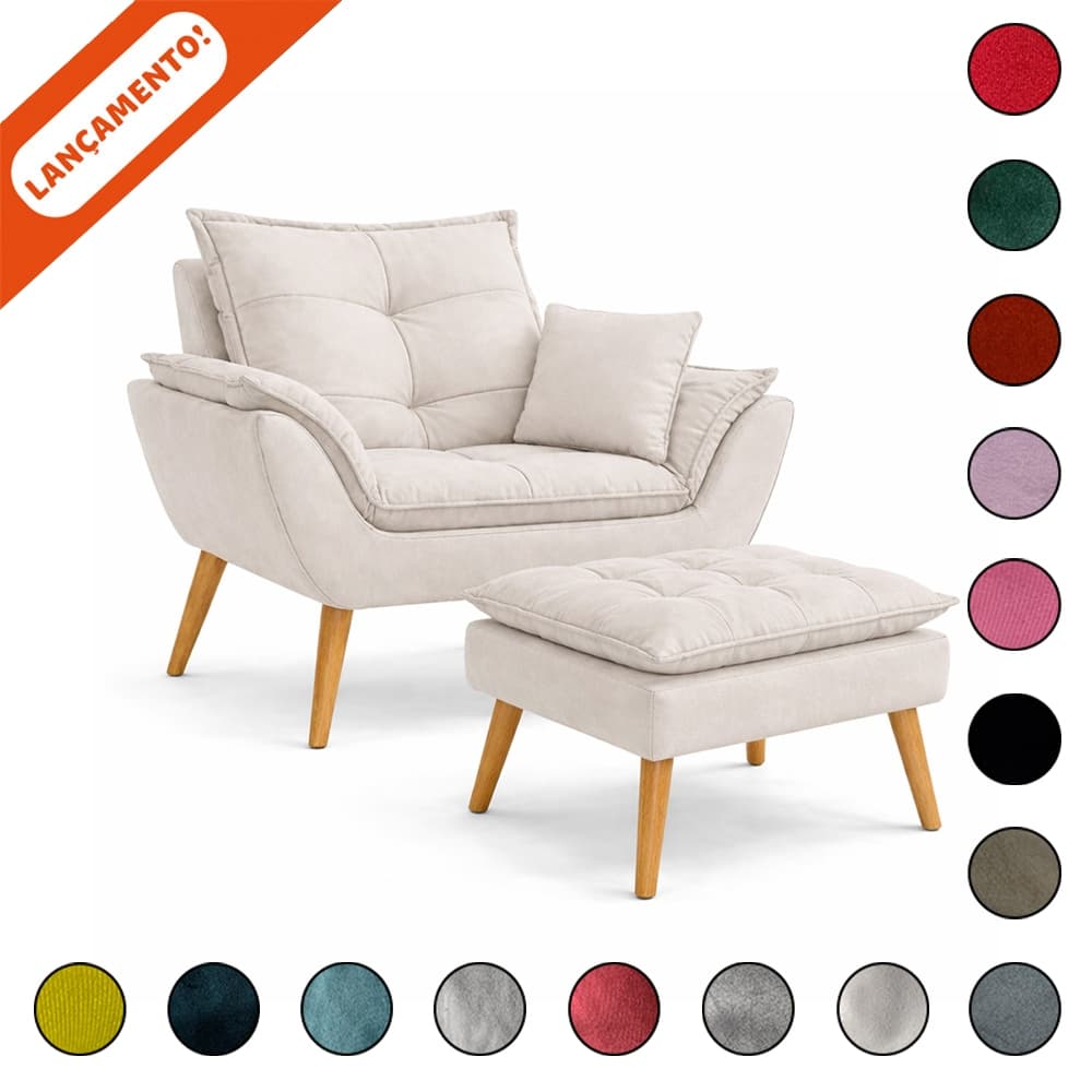 Kit Poltrona Opala Com Almofada Sala Deluxe e Puff Opala Pés Palito Suede Aninha Poltronas