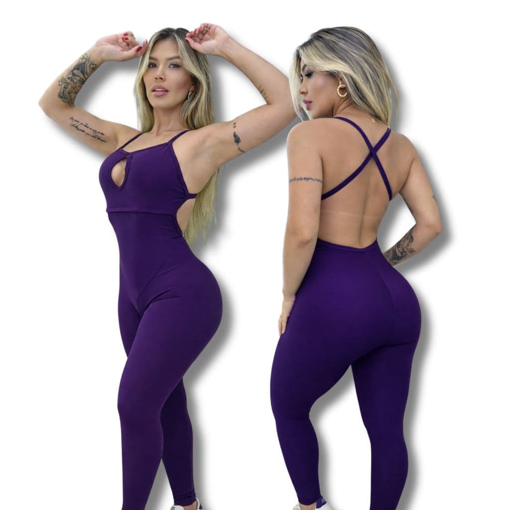 Macacão de Academia Feminino Longo Preto Fitness Cruzado nas Costas