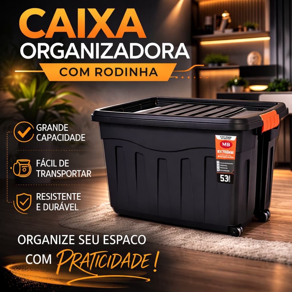 Caixa Organizadora Com Rodinha 53L Multiuso Resistente Com Tampa