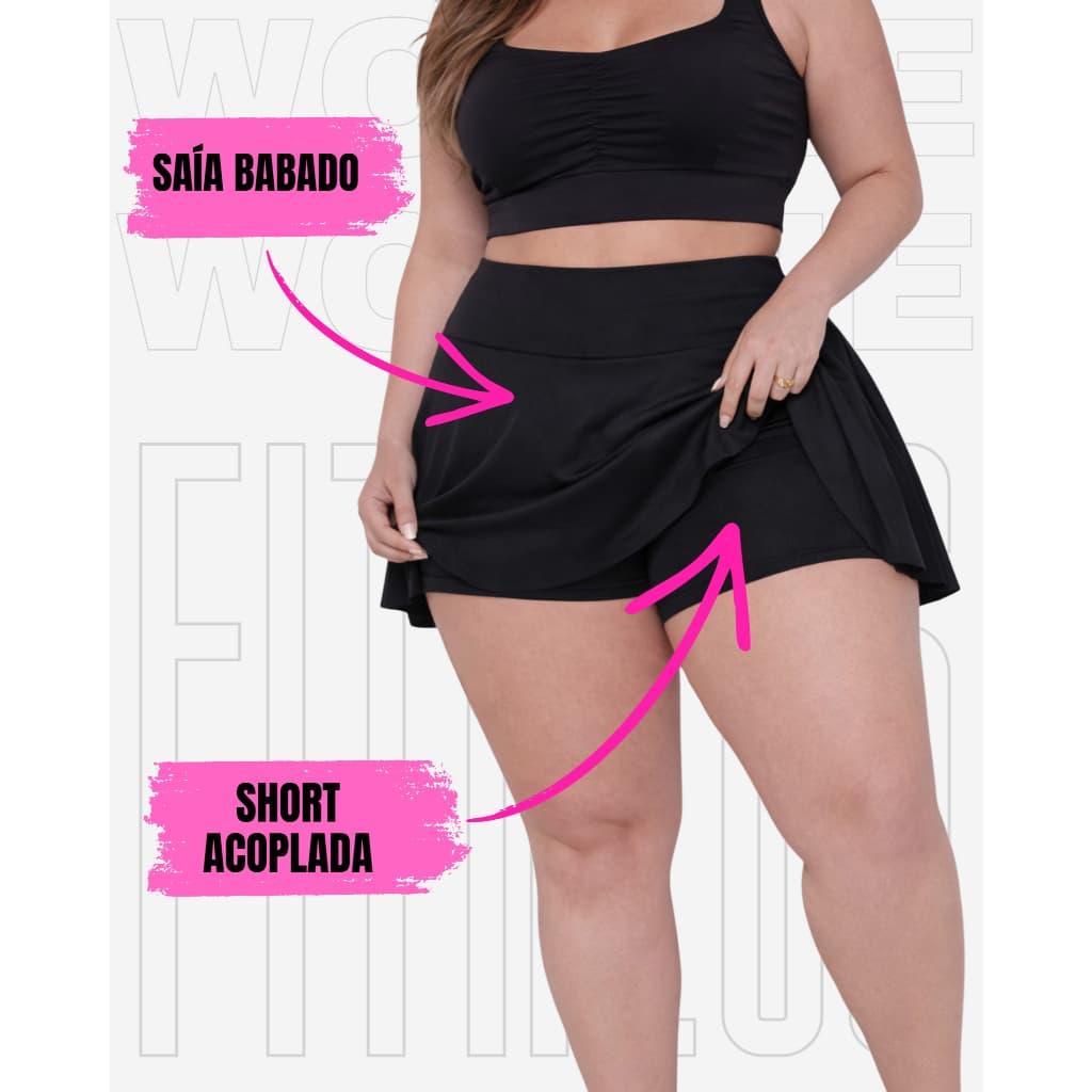 Short Saía Babado Plus Size Tapa BumBum Em Suplex Poliéster WOLFOX Fitness Academia Feminina
