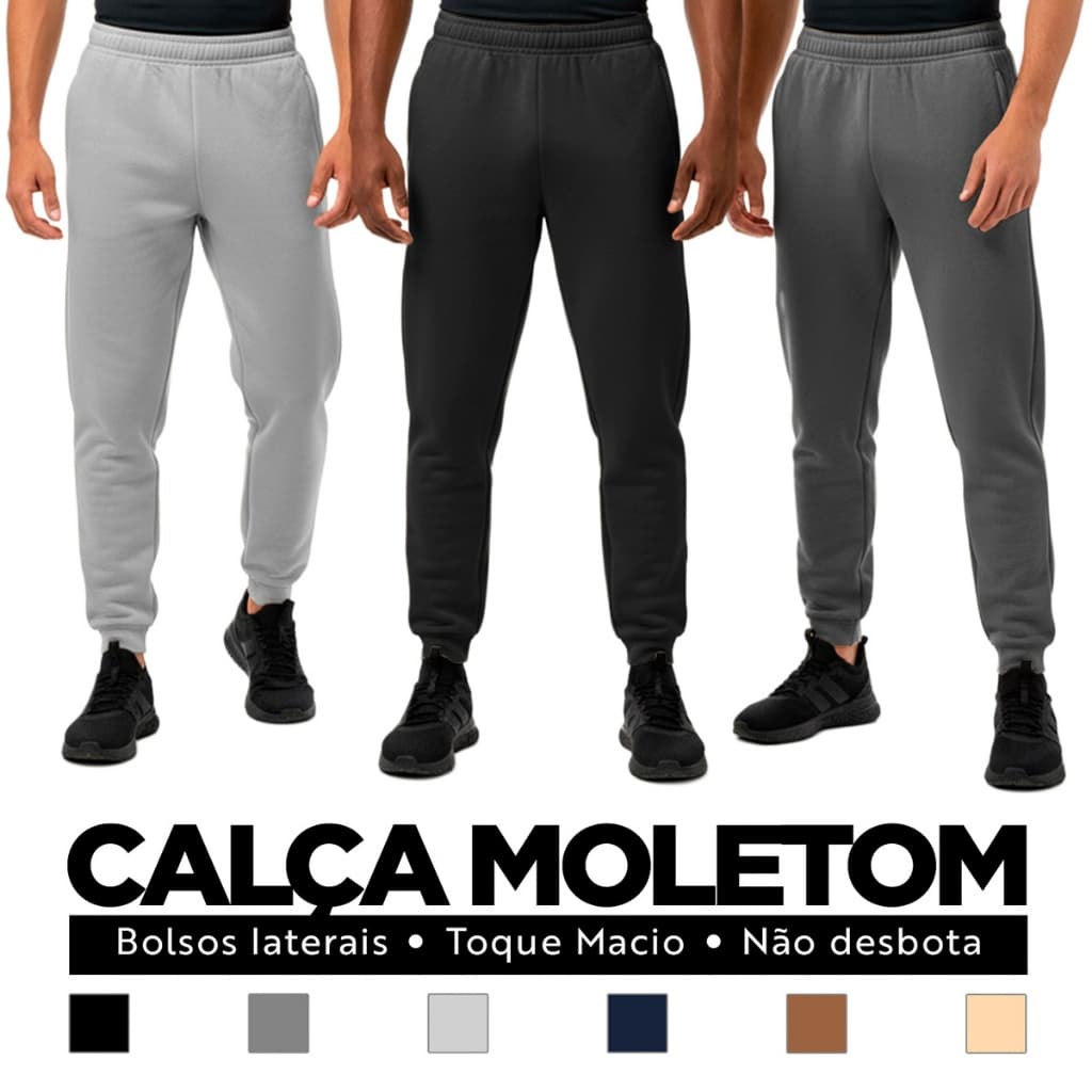 Kit 3 Calças Jogger Moletom Masculina Premium, Bolsos Laterais para Celular - Conforto e Estilo, Moda Casual e Esportiva