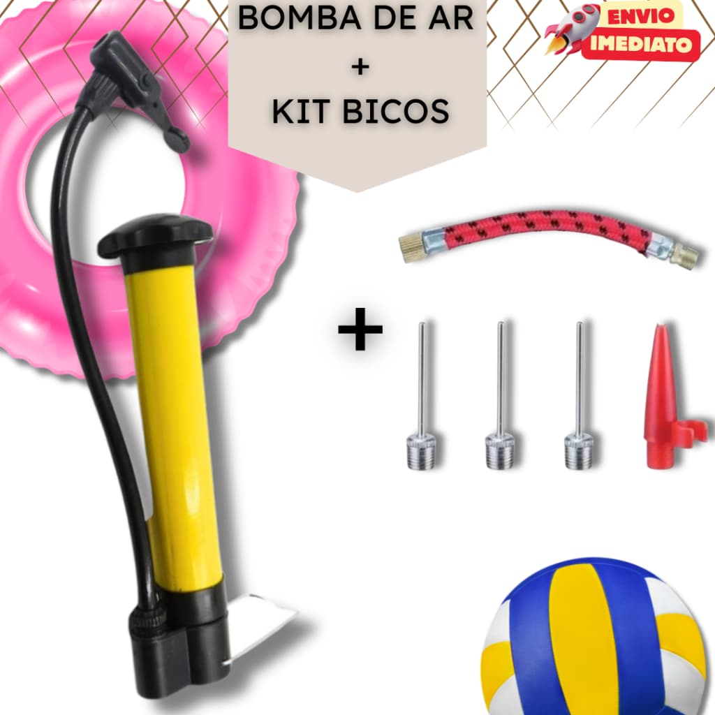 Kit Bomba de Ar + Bicos para Inflar Encher Bolas Boias Colete Bexiga Futebol utevôlei