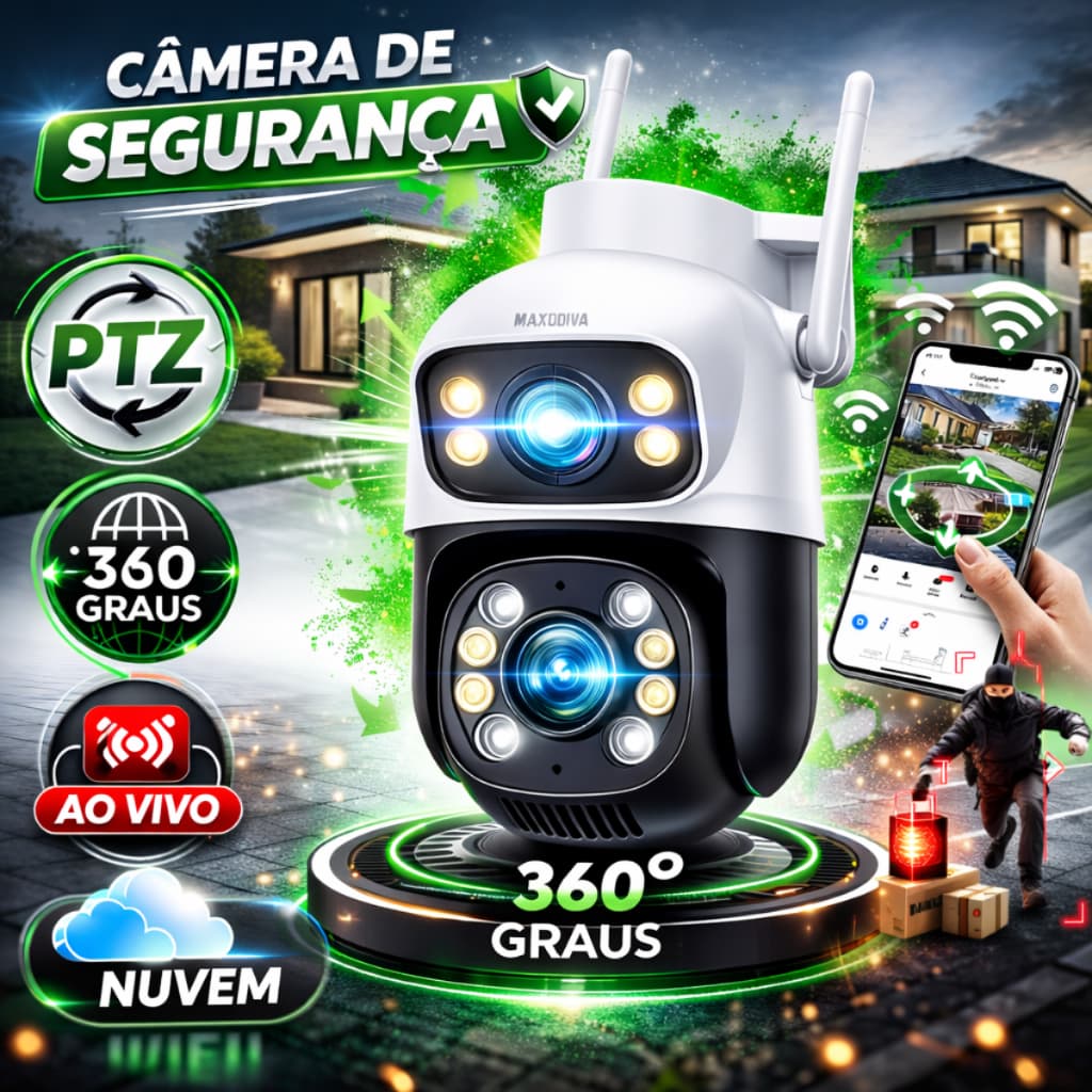 Camera De Segurança Ip Externa Wifi Dupla Lentes 2 Em 1 Visao Noturna Cor Branco Com Preto