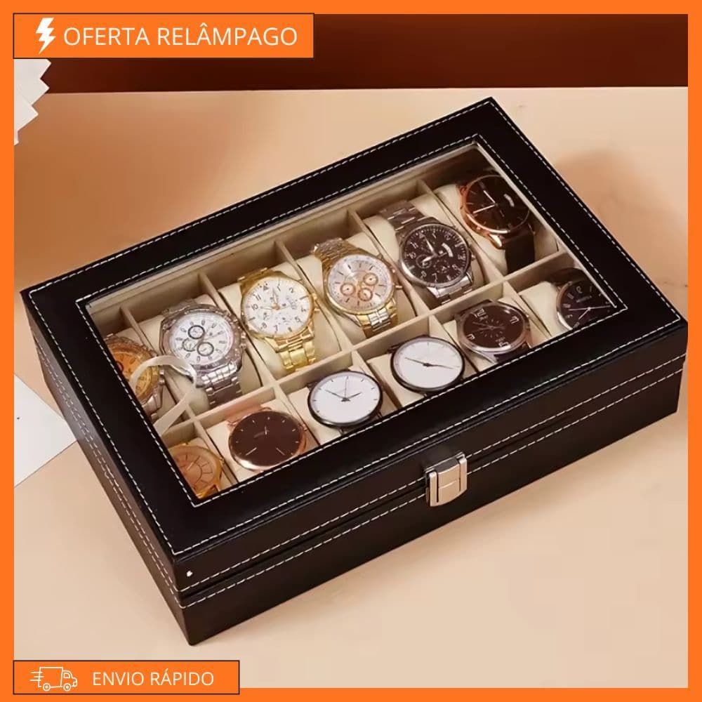Porta Relógio Luxo Maleta Couro Ecológico 12 Nichos