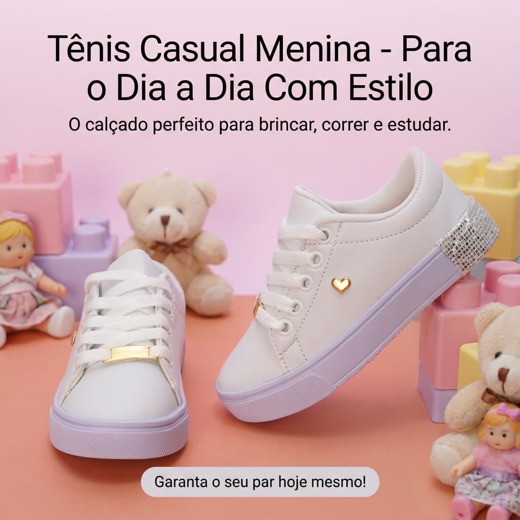 Tênis Infantil Menina Branco Casual | Confortável, Leve Com Detalhe De Coração 25 ao 36 | COMPRE JÁ!