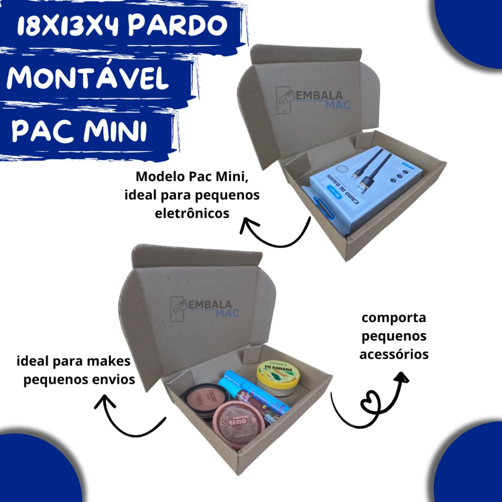 100 Caixas de Papelão 18x13x4 Pac Mini Montável Ultra Resistente